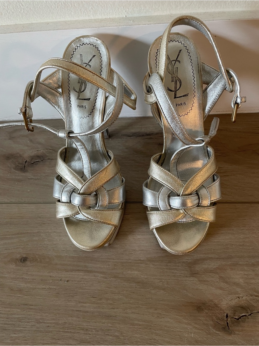 YSL  tribute Saint Laurent Metallic Silver Knot Sandals with Ankle Strap